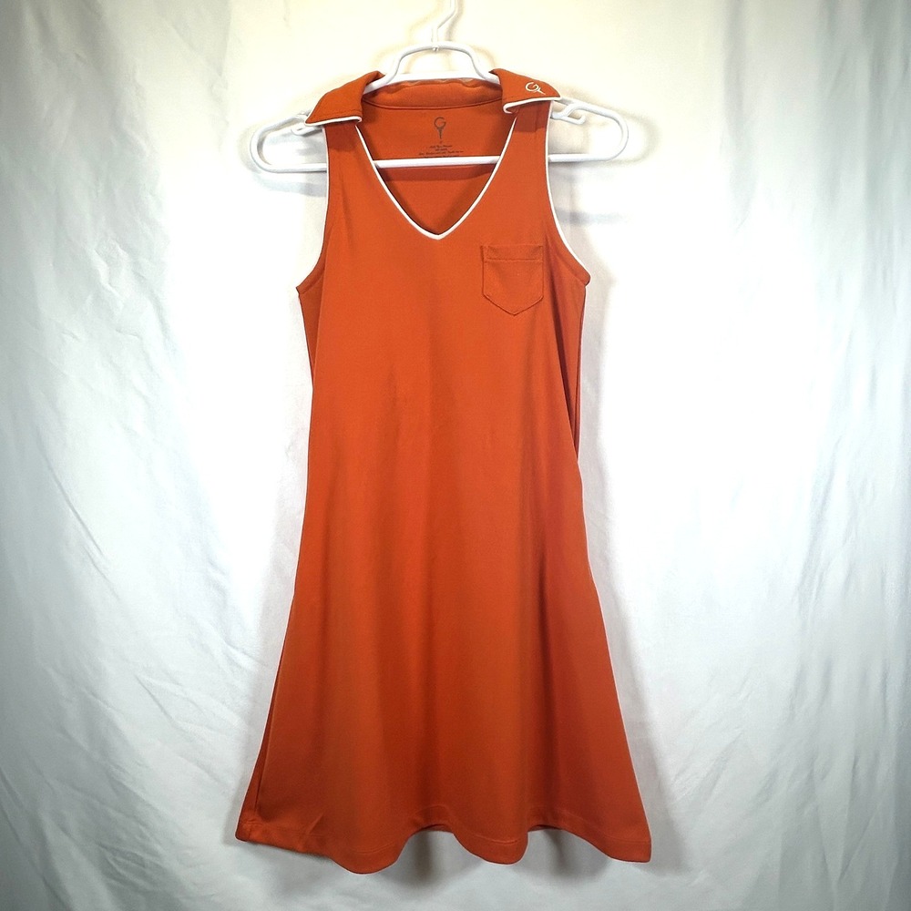Golf Pickleball Dress Orange Sleeveless Polo Zip Pockets Fit & Flare Midi Small